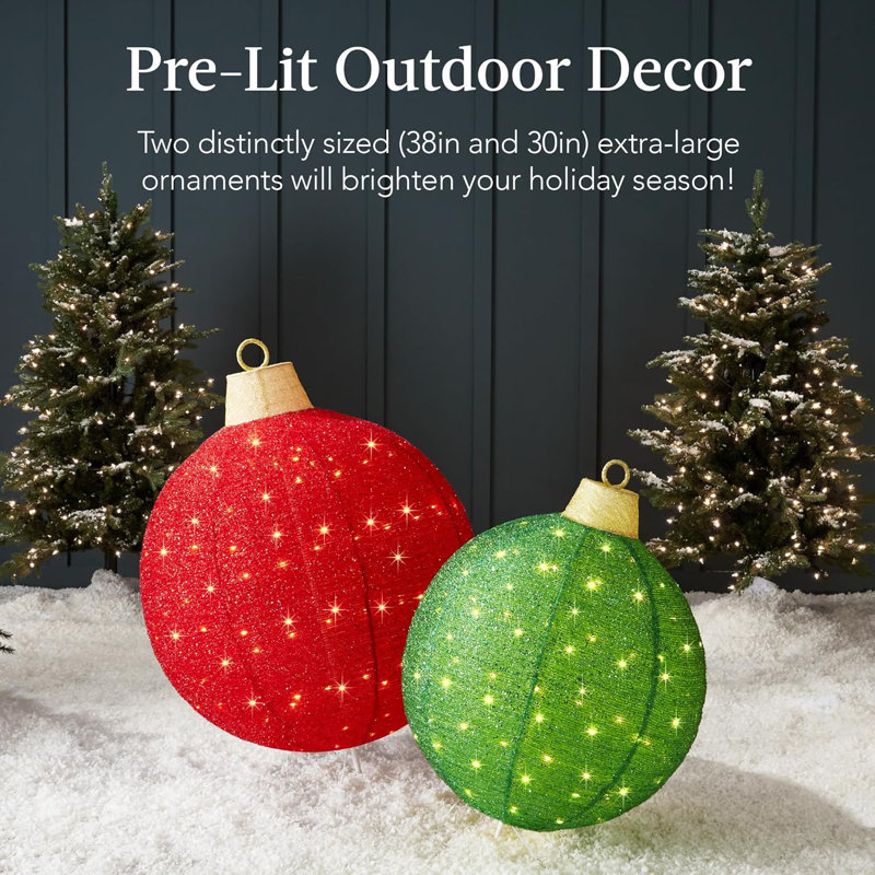 2pc Lighted Pop Up Outdoor Christmas Ornament Set Holiday Ball Decoration w 180 LED Lights 8 Light Functions The Holiday Aisle Color Red Green